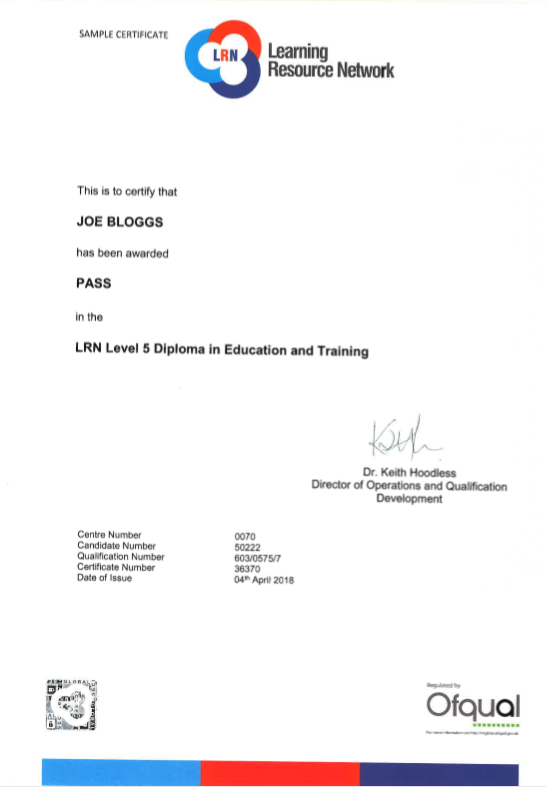 Teaching Training LEVEL 5 Sample Certificate